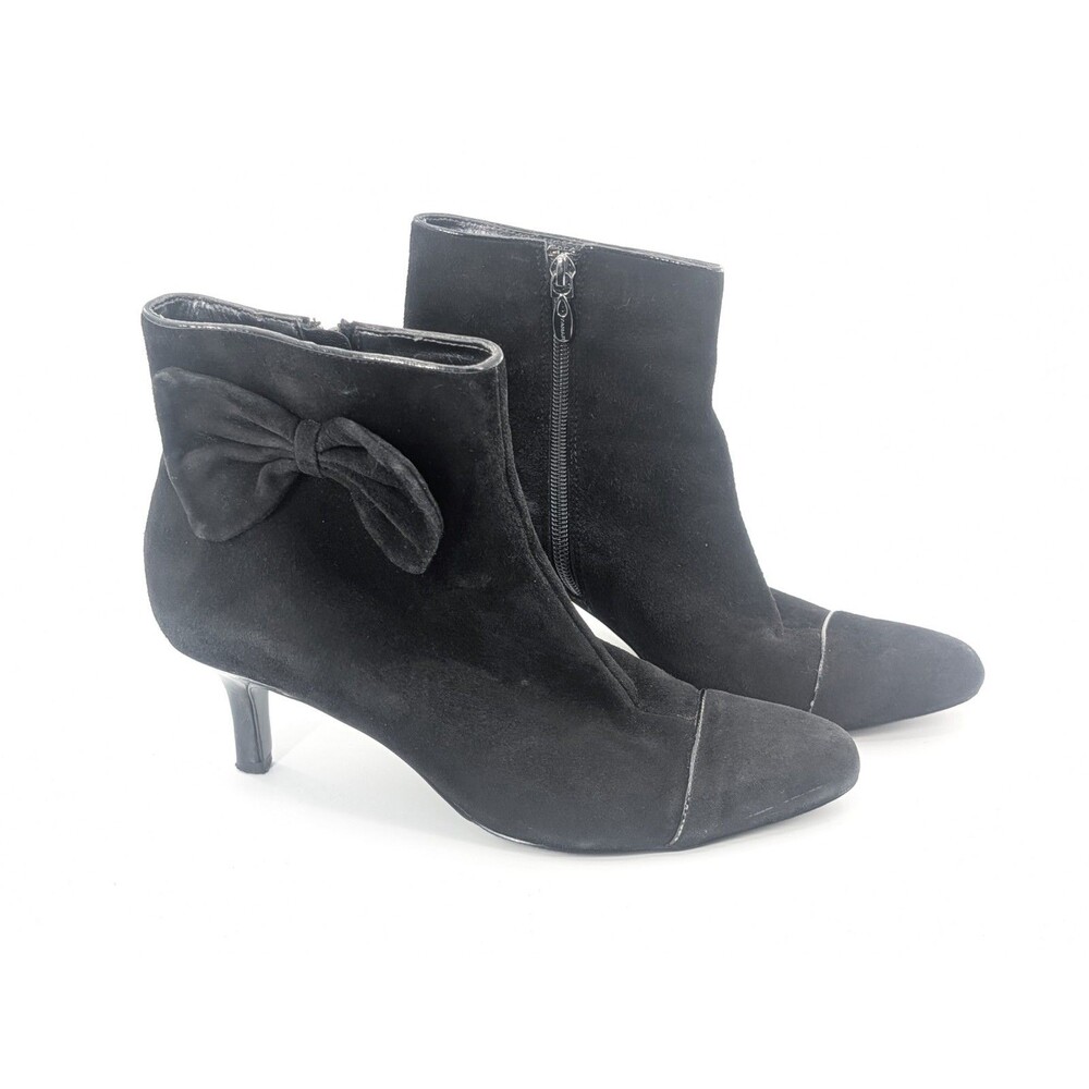 Tahari Precious Vtg Black Leather Suede Bow Stiletto High Ankle Boots Size 8.5